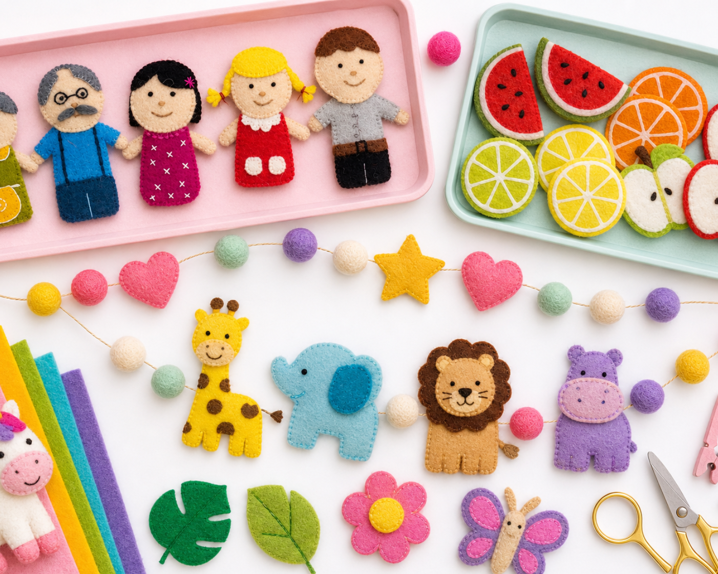 Flat lay of felt finger puppets, animal cutouts, felt fruit, and mini garlands
